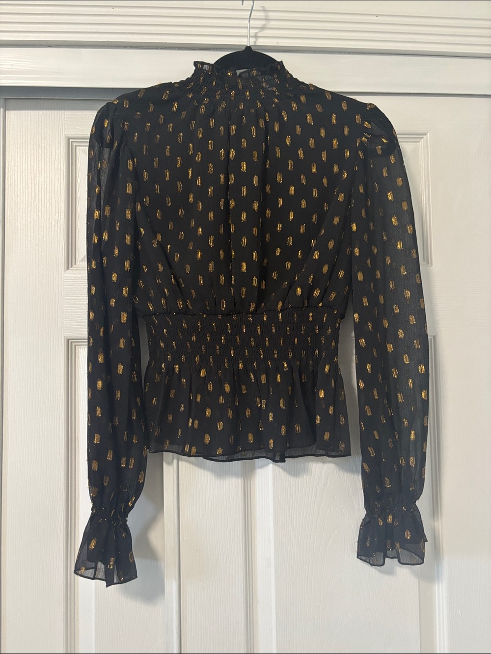 Metallic Dot Black Long-Sleeve Smocked Peplum Blouse